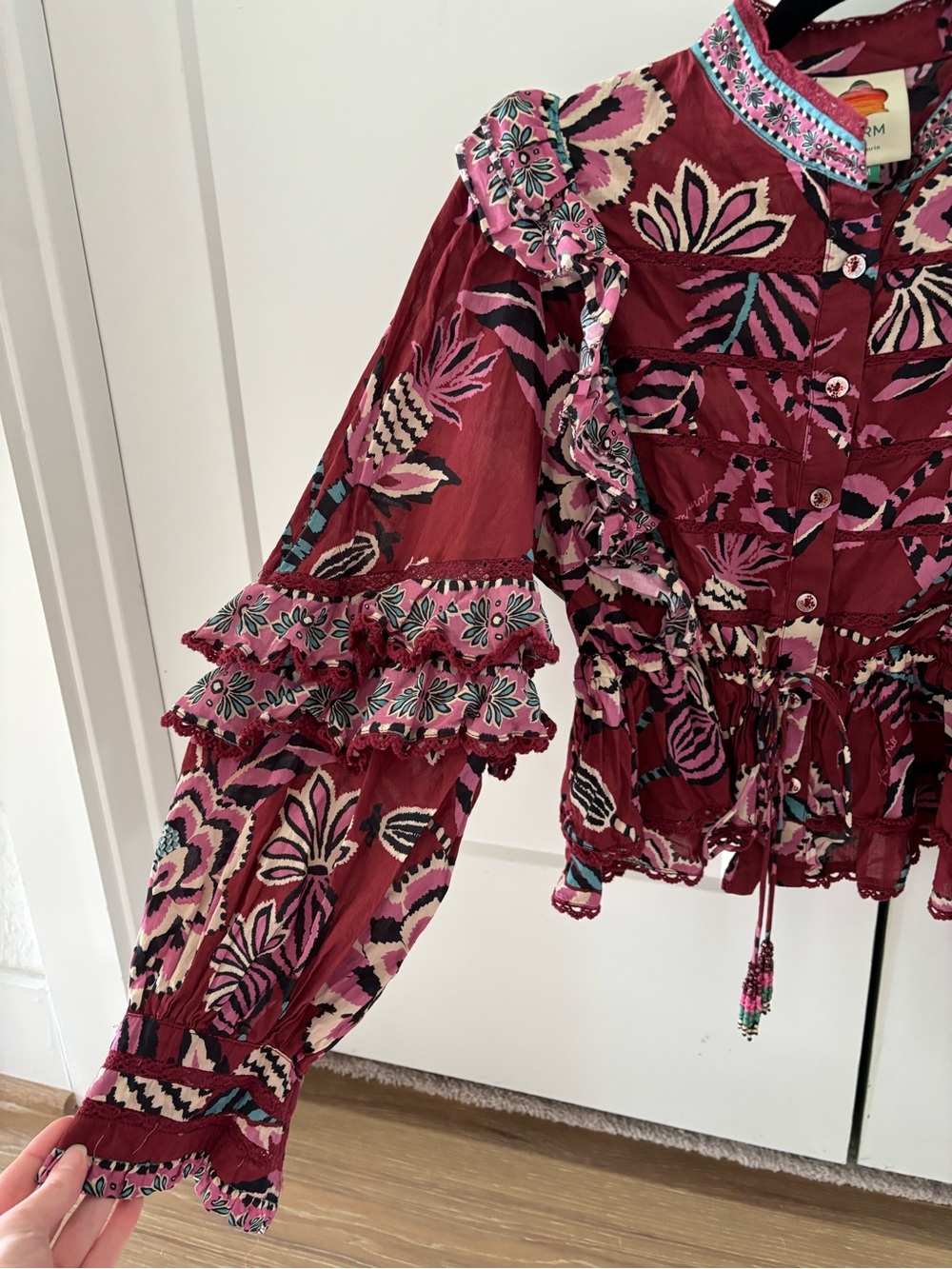 Farm Rio Mock Neck Button Front Ruffled Blouse - Picture 6 of 7